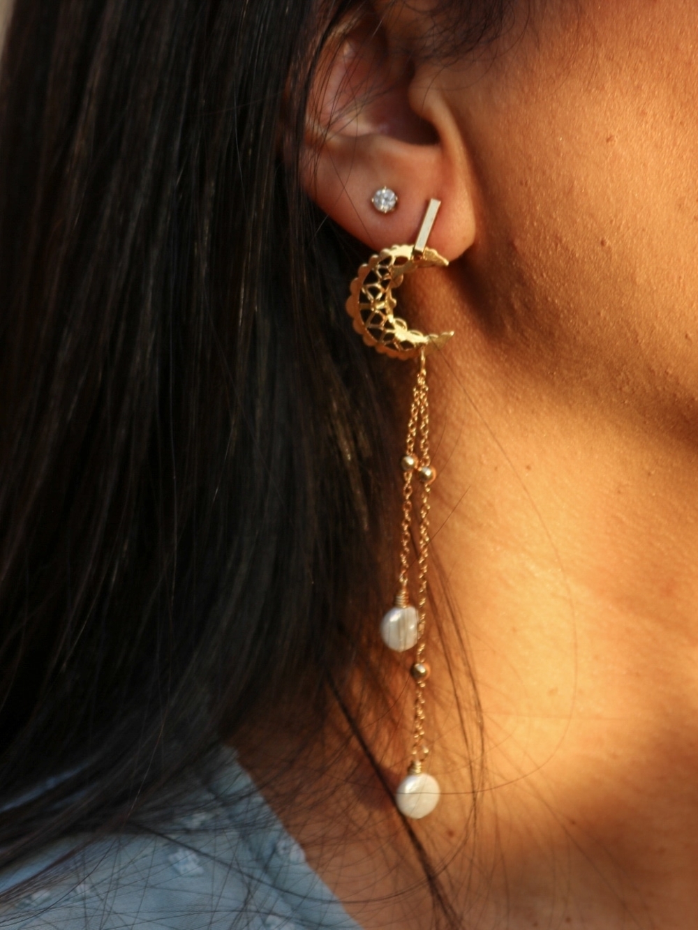 Gold Crescent Moon Chain Drop Earrings with Pearl Accents